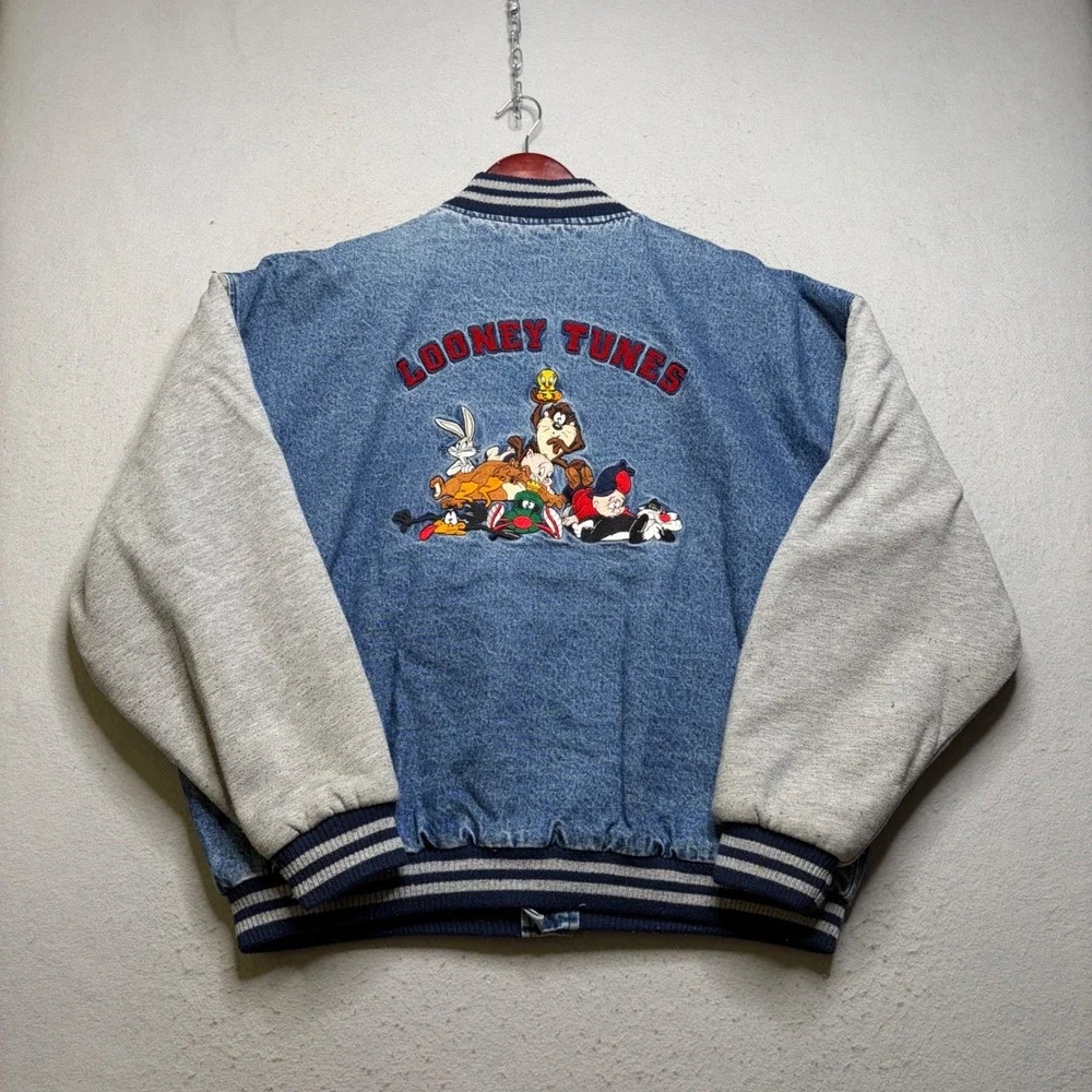 Warner Bros Looney Tunes Varsity Jacket Mens XXL Denim 90s Vintage Embroidered